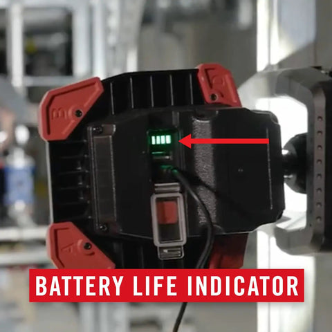 High-Output LED Work Light With 3900 Lumen Rechargeable Dual-Power Clamp showing battery life indicator and red highlights.