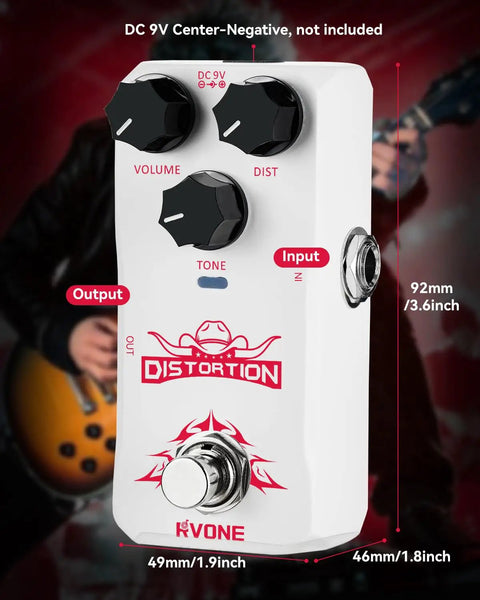 High Gain Distortion Pedal For Electric Guitar With Aluminum Enclosure, 92mm x 49mm dimensions, front view with knob details.