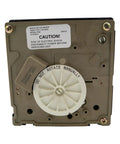 Back view of Replacement Ice Maker Assembly For French Door Refrigerators, W10122559 4440694, showing caution labels and gear.