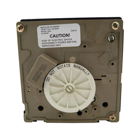 Back view of Replacement Ice Maker Assembly For French Door Refrigerators, W10122559 4440694, showing caution labels and gear.