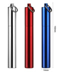 Portable Metal Toothpick Holder Case With Keychain Waterproof Aluminum Alloy in silver, red, and blue colors with dimensions.