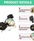 Product details of Propane Tank Gauge With QCC1 Type 1 Connection Solid Brass with corrosion-resistant brass and three-scale dial.