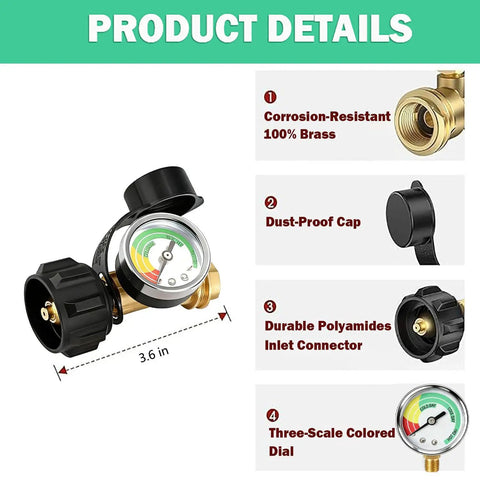 Product details of Propane Tank Gauge With QCC1 Type 1 Connection Solid Brass with corrosion-resistant brass and three-scale dial.