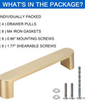 Brushed Brass Cabinet Handles 4 Pack Gold Drawer Pulls For Kitchen Furniture with screws, gaskets, and hardware accessories