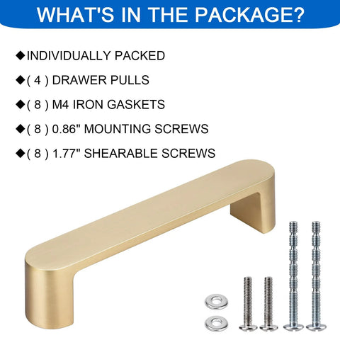 Brushed Brass Cabinet Handles 4 Pack Gold Drawer Pulls For Kitchen Furniture with screws, gaskets, and hardware accessories