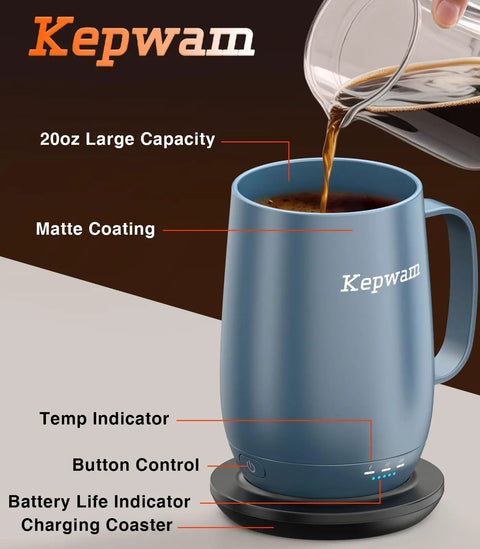 Keep Your Daily Grind Piping Hot All Day Long With This Badass Rechargeable Self Heating Coffee Cup Featuring Adjustable Temp Control with a 20oz capacity.