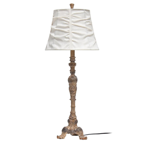 Antique Style Buffet Table Lamp With Cream Ruched Shade, Resin Base In Antique Cream Finish, On Off Rotary Switch, 60W Equivalent E26 Bulb