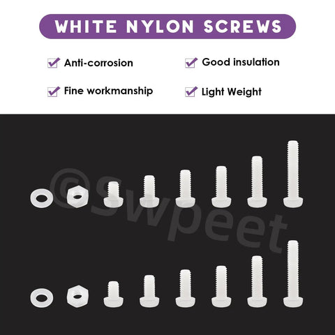 Real Deal Heavy Duty M4 Nylon Pan Head Screws With Hex Nuts And Flat Gasket Washers Assortment Kit 360 Piece on black background.