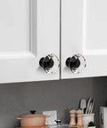 Premium Crystal Cabinet Drawer Knobs With Matte Black Zinc Base Thirty Millimeter Handle Built Tough For Easy Kitchen Refreshes And Furniture Revamps Five Piece Bundle on white cabinet doors.