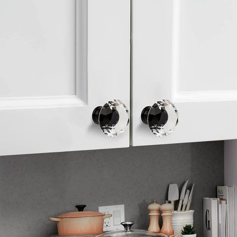 Premium Crystal Cabinet Drawer Knobs With Matte Black Zinc Base Thirty Millimeter Handle Built Tough For Easy Kitchen Refreshes And Furniture Revamps Five Piece Bundle on white cabinet doors.