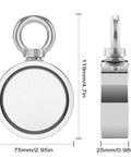 75mm double-sided magnet from 1000 Lbs Neodymium Magnet Fishing Kit With Case, front and side view with dimensions