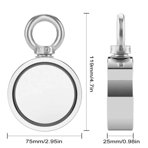 75mm double-sided magnet from 1000 Lbs Neodymium Magnet Fishing Kit With Case, front and side view with dimensions