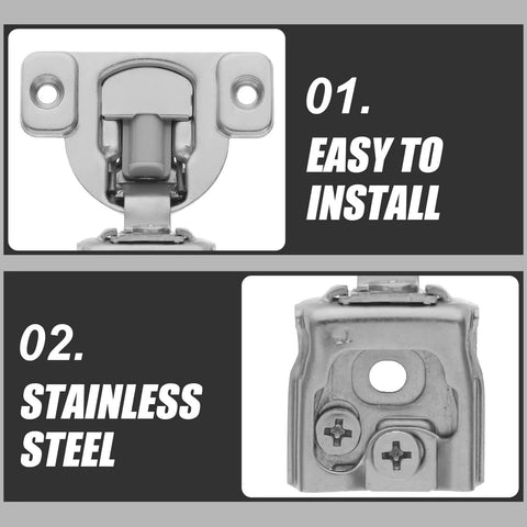 Close-up of 3D Adjustable Silent Cabinet Hinges for Frameless Kitchen Cabinets, stainless steel, showing front and side view.