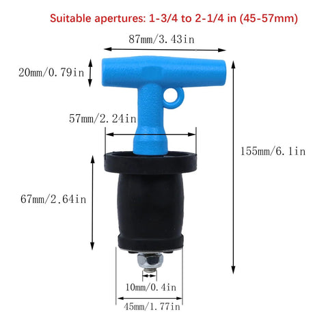 Blue T-handle cleanout pipe plug with black rubber seal and metal bolt, front view