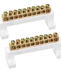 Ten Position Terminal Block Connector Bar In A Single Row With High Bridge Design Solid Copper And Plastic Construction Two Pack Durable And Easy To Install For Electrical Wiring And Barrier Applications, showing two bars with screws.