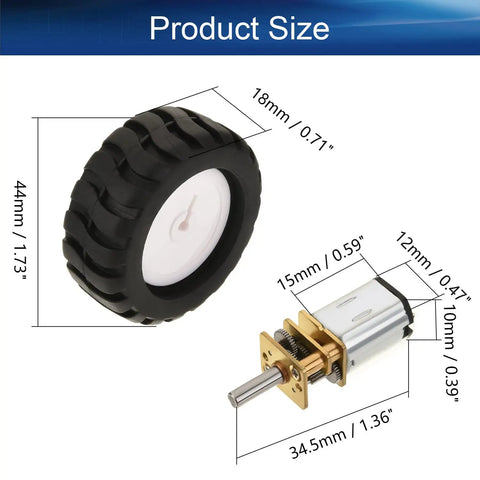 N20 Mini Gear Motor DC 6V 50RPM with D Shaft, fixed frame, coupling nut and plastic wheel, shown with size dimensions for DIY projects.