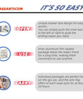 ageantscom Anti-Fog Lens Wipes for Glasses 100-pack, individually wrapped; infographic showing open, use, carry steps.