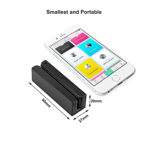 USB Swipe Magnetic Card Reader That Reads 3 Tracks In Plug And Play Style With No Driver Needed, Compact beside smartphone.