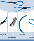10Ft Outdoor Security Cable For Luggage And Bikes Braided Stainless Steel Wire Rope 3.3mm Thick With Weatherproof Vinyl Coating Double Loop Safety Flexible Travel Lock Cable In Blue shown with close-up details and uses.