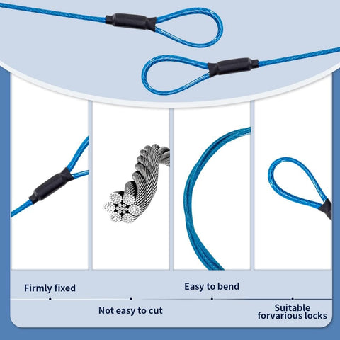 10Ft Outdoor Security Cable For Luggage And Bikes Braided Stainless Steel Wire Rope 3.3mm Thick With Weatherproof Vinyl Coating Double Loop Safety Flexible Travel Lock Cable In Blue shown with close-up details and uses.