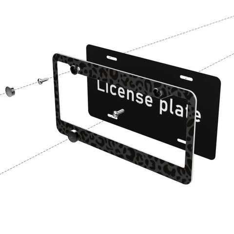 Leopard Print License Plate Frame And Steering Wheel Cover Set For Cars with aluminum frame and screws in exploded view
