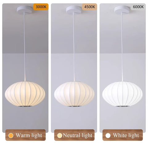 AFSEMOS 20" Japanese Wabi Sabi Pendant Light Silk Hanging Lantern Lamp displayed in warm, neutral, and white light settings.