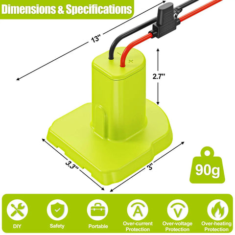 Beefed-Up 18V Power Wheel Adapter With 30A Fuse And Silicone Copper Wiring For DIY Robotics And Tools, dimensions and features