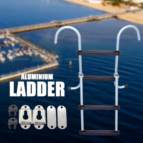 4 Step Aluminum Boat Ladder With Removable Folding Design, Beefy Heavy Duty Marine Stepladder, Durable Aluminum Build Handles Up To 500 Lbs, Easy Storage For Boats, Yachts, Pontoon, Ships, And Fresh Or Salt Water Use, shown folded with mounting hardware