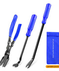Three Piece Auto Trim Removal Tool Set No Scratch Pry Tools With Handy Storage Bag for car body clips and door panels in blue.