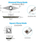 Front view: tungsten carbide inserts for wood lathe; square 11x11mm, round 12mm, 8.9mm, diamond 30x10mm, 6 screws.