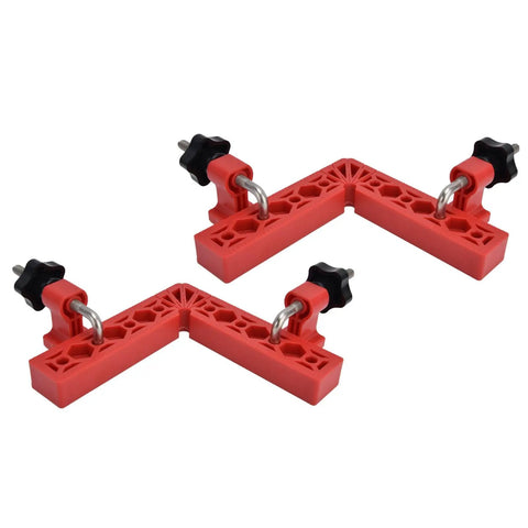Squared Up 90 Degree Positioning Square Right Angle Splicing Clamp Kit Adjustable Woodworking Corner Fixture Pro Grade Jig For Cabinets Picture Frames No Hassle Setup Red Finish with adjustable pads and dual rulers.