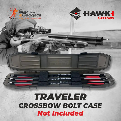 Carbon Arrow PCP 376gr Six Pack Bolts With 100gr Field Tips in open crossbow case, hunter in background