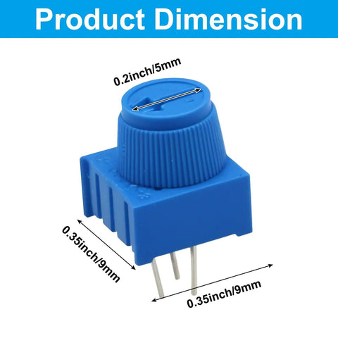 Close-up of 24 Pack 10K Ohm Breadboard Trim Potentiometer Set with Blue Knob showing dimensions for DIY Electronics Prototyping Kit