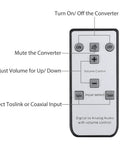 IR remote control for High Fidelity 192kHz Digital to Analog Audio Converter with options for Toslink or Coaxial input and volume control.