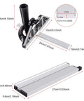 Heavy Duty Rock Solid Miter Gauge Fence System With Precision Angle Plate Ruler And Secure Woodworking Push Block Built From Durable Aluminum Alloy with measurement details.
