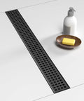 36 Inch Black Stainless Steel Linear Shower Drain With Removable Square Hole Pattern Cover Grate, 304 Stainless, Central Outlet 2 Inch, CUPC Certified, Includes Accessories, Matte Black Finish