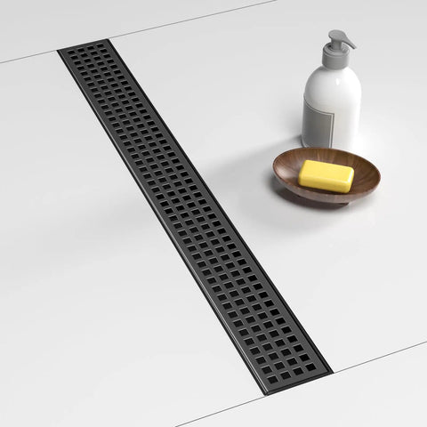 28 Inch Linear Shower Drain in Matte Black with Rectangular Floor Design, Removable Square Hole Cover and Hair Catcher