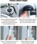 Installation steps for Lead Free Reverse Osmosis Drinking Water Faucet with high gooseneck design and brushed nickel finish.