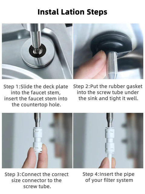 Installation steps for Lead Free Reverse Osmosis Drinking Water Faucet with high gooseneck design and brushed nickel finish.