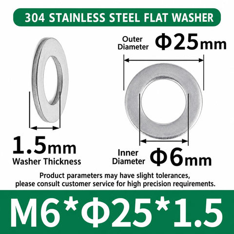 Complete 32 Piece M6 Hardware Kit For Home Repairs And DIY Projects Includes 8 Hex Nuts 8 M6 25mm Phillips Pan Head Screws 8 M6 25mm Hex Socket Flat Head Screws And 8 Wide Flat Washers, 304 stainless steel flat washer dimensions shown