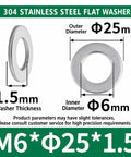 80 Piece M6 Hardware Kit With 20 Hex Nuts, 20 Phillips Pan Head Screws, 20 Hex Socket Flat Head Screws, And 20 Wide Flat Washers For Furniture, woodworking, and DIY repairs. 304 stainless steel M6 washer, 25mm outer, 6mm inner, 1.5mm thick