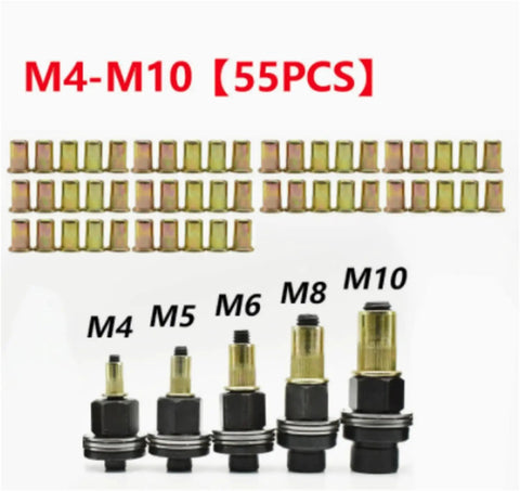 All In One 55 Piece Rivet Nut Mandrel Kit With M4 To M10 Mandrels And Galvanized Rivet Nuts For Quick Heavy Duty Durable Assembly A Versatile Rivet Nut Tool Accessories Set, M4-M10 parts