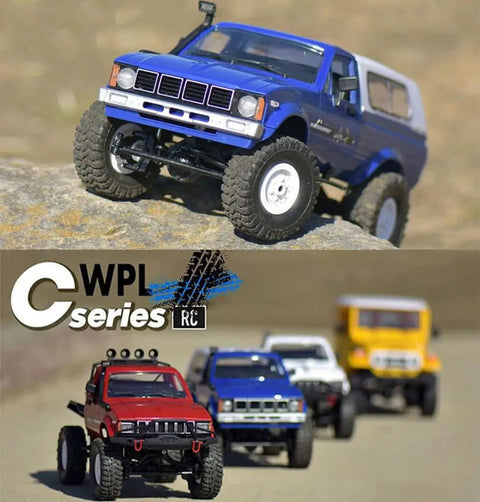 All Terrain 1/16 Scale RC Rock Crawler 4x4 Ready To Run Pickup Truck With Proportional 2.4 GHz Radio LED Lights Dual Batteries Off Road Rig For Adults Today shown on outdoor rocky surface with multiple RC models in background.