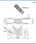 Stainless steel shock absorber hinge with hole, 360° rotation, 2.0 N·m torque, front and side views.