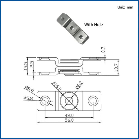 Stainless steel shock absorber hinge with hole, 360° rotation, 2.0 N·m torque, front and side views.