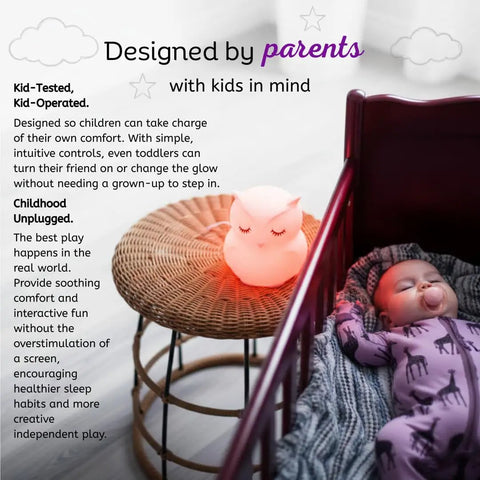 Kid Friendly Remote Control Owl Night Light for Kids next to sleeping baby in crib, soft red glow, perfect for nurseries, USB lamp