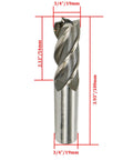 End mill, front view, 3/4 in cutting diameter and 3/4 in shank, spiral flutes for metal cutting.