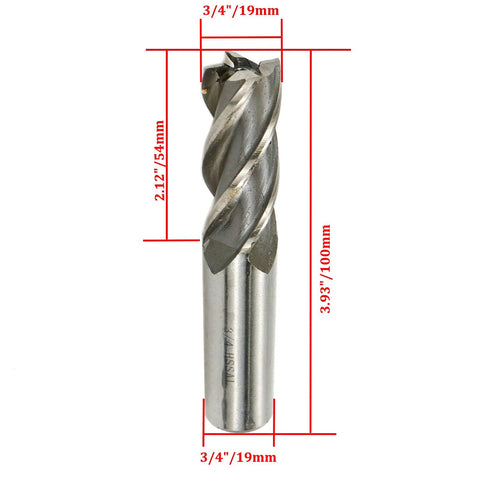 End mill, front view, 3/4 in cutting diameter and 3/4 in shank, spiral flutes for metal cutting.