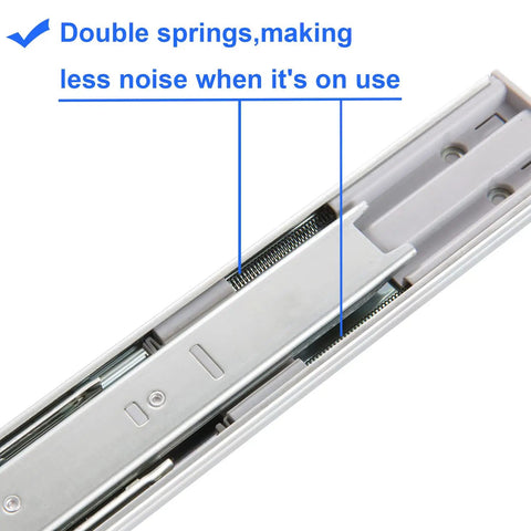 Close-up of six pairs of 22 inch soft close full extension drawer slides with side mount ball bearings, emphasizing double springs for quieter use.