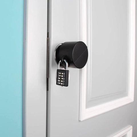 Black Door Knob Lock Cover No Drill Quick Install Outside Locking Shield For Privacy And Keyhole Safety on white door with lock